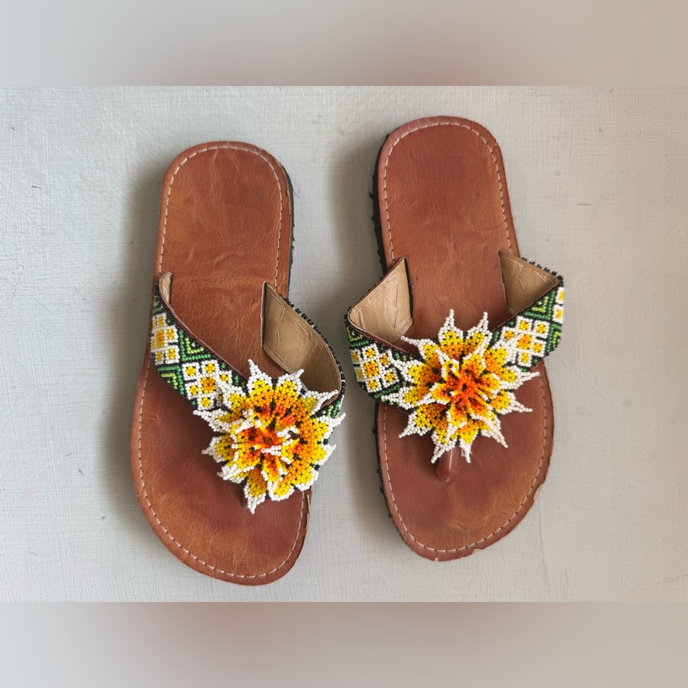 Handmade Beaded leather Huichol sandals